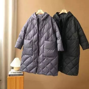 2024 осень-зима повседневная свободная куртка с капюшоном из белого утиного пуха с ромбом большого размера женская куртка с капюшоном One Size