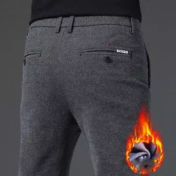 2024 Осень/Зима Повседневные брюки с толстым бархатом и шлифованным мехом для мужчин, облегающие и универсальные, черно-серые повседневные брюки для мужчин 28 серый