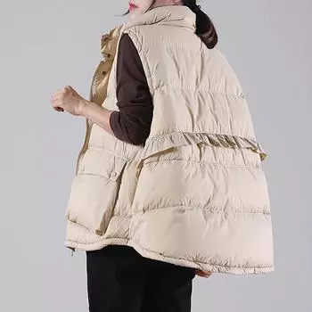 2024 осень-зима пуховик женский зимний новый ретро воротник-стойка жилет верх свободный белый утиный пух утолщенный без рукавов наружный One size чёрный