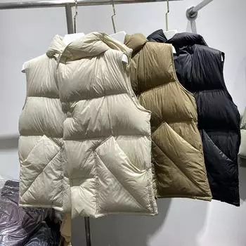 2024 осень-зима пуховый жилет женский корейский вариант свободный с капюшоном утолщенный белый утиный пух модный повседневный пуховый жилет жилет S чёрный