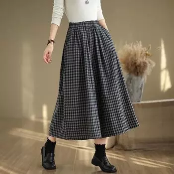 2024 осень-зима ретро большие размеры хлопковые и льняные клетчатые брюки широкого кроя average size чёрный