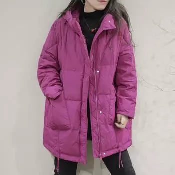 2024 осень-зима с капюшоном новая мода средняя и длинная пуховая женственность толстый белый утиный пух теплый прилив M кофейный