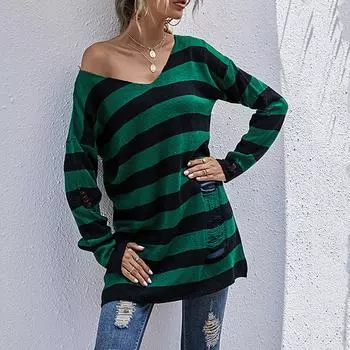 2024 Осень Зима сексуальный свитер женский V-образный вырез ажурный длинный рукав пуловер женский трикотаж трендовые свитера корейский зеленый длинный топ S