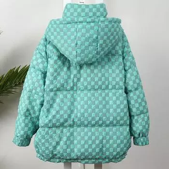 2024 осень-зима шахматная доска вниз женский короткий свободный толстый с капюшоном небольшой прилив one size fits all зелёный
