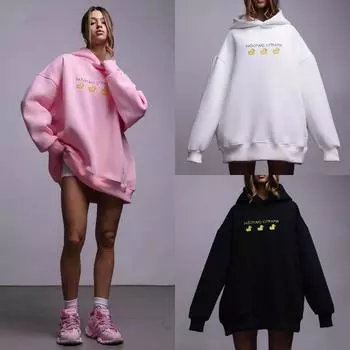 2024 осень-зима средний и длинный свитер с капюшоном женский с принтом три утки свободный повседневный свитер с капюшоном S белый