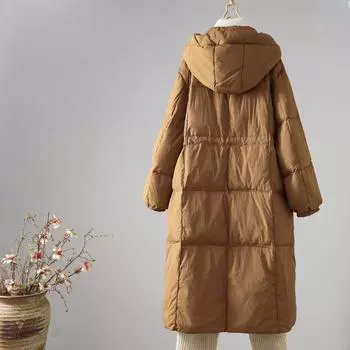 2024 осень-зима средняя и длинная утолщенная пуховая куртка женская зимняя с капюшоном белая утиная пуховая свободная теплая куртка с двумя карманами M чёрный