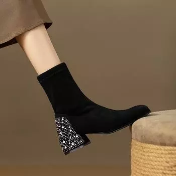 2024 осень-зима стразы толстый каблук тонкий туфли универсальный рукав эластичные короткие сапоги одинарные сапоги женские модные высокие каблуки ботинки Martin женские 35