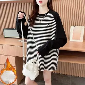 2024 осень зима свободная полосатая футболка женская готическая топы для женщин свободный пуловер длинный рукав Harajuku теплая футболка уличная одежда M