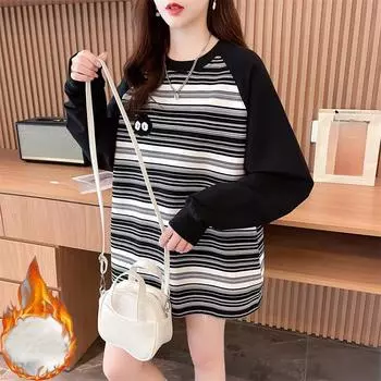 2024 осень зима свободная полосатая футболка женская готическая топы для женщин пуловер с длинным рукавом Harajuku теплая нижняя часть футболки уличная одежда M