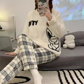 2024 Осень Зима Теплая Фланелевая Женская Пижама Комплекты Плотный Коралловый Бархат Длинный Рукав Мультяшный Принт Белый Пижама Мягкий Отдых Флис Пижамный Комплект M
