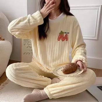 2024 Осень Зима Теплая Фланелевая Женская Пижама Комплекты Плотный Коралловый Бархат Длинный Рукав Пижамы Мягкий Отдых Фланелевая Пижама Комплект M