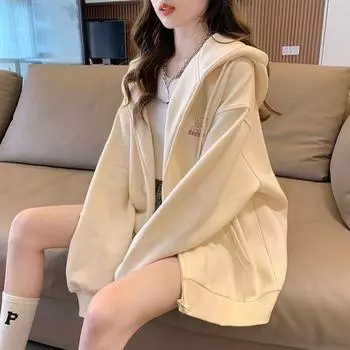 2024 Осень-зима Теплая флисовая толстовка с капюшоном Модные толстовки с капюшоном Длинный рукав с рисунком из мультфильмов Карманы Большие толстовки с капюшоном на молнии S чёрный