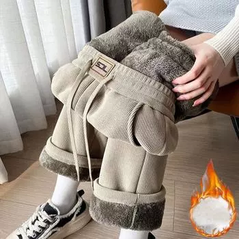 2024 осень зима теплые прямые брюки женские зимние плюшевые флисовые термоэластичные женские вельветовые свободные брюки женские большие размеры 4XL брюки из плотного бархата M чёрный