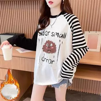 2024 осень зима теплый бархат мультфильм y2k Топ повседневные большие футболки многоцветные утолщенные женские футболки с длинным рукавом уличная одежда M