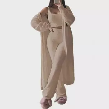 2024 Осень/Зима Теплый плюшевый женский пижамный комплект: Однотонные брюки-тройки и домашняя одежда Small вино красного