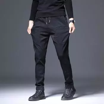 2024 Осень-зима толстые мужские повседневные брюки, шесть карманов жаккардовые эластичные прямые брюки, свободные джинсы M