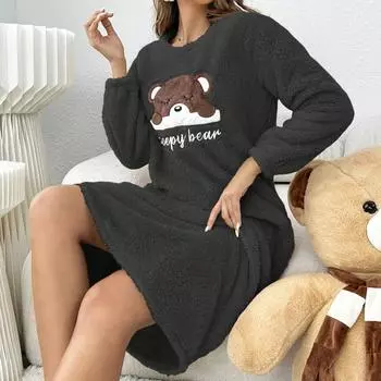 2024 Осень Зима Утолщенная Теплая Ночная Рубашка Женская Фланелевая Бархатная Ночная Рубашка Милая Мультяшная Пижама Удобная Женская Повседневная Домашняя Одежда S