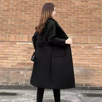 2024 осень-зима утолщенное шерстяное пальто Хепберн выше колена среднее и длинное свободное и тонкое черное шерстяное пальто для женщин S чёрный