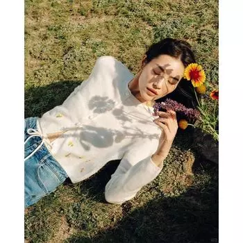 2024 Осень/Зима Узкий вязаный кардиган из смеси шерсти с цветочной ручной вышивкой L синий