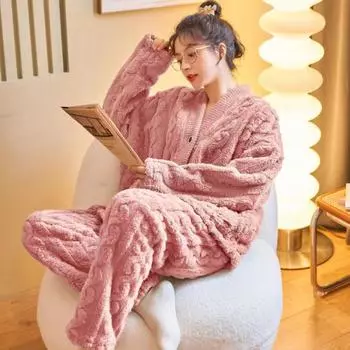 2024 осень зима V-образный вырез кардиган пижама комплект однотонный для девочек плюш плюс бархат утолщенная пижама спортивный костюм сохраняющий тепло пижама комплект из двух частей одежда для дома M