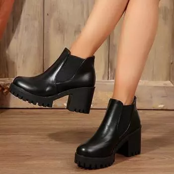 2024 осень-зима высокие толстые каблуки короткие женские одинарные сапоги черные высокие каблуки на платформе британские ботинки Martin 36 чёрный
