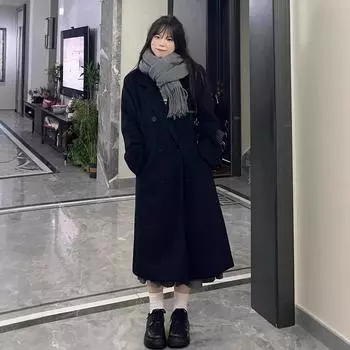 2024 осень-зима высокое качество черное шерстяное пальто для маленьких мужчин женское утолщенное двубортное шерстяное пальто в стиле Хепберн S