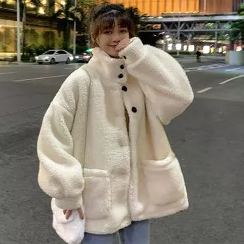 2024 Осень Зима Ягненок Шерсть Пуговиц Кардиган Куртка Женская Утолщенный Воротник Стойка Твердый Флис Толстовки Свитшот Женщины Y2K Пальто M