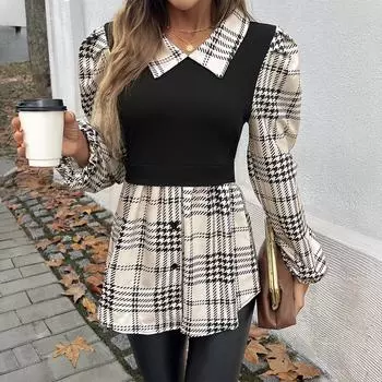 2024 Осень/Зима Женская контрастная цветовая гамма Темпераментная рубашка-пуловер с длинными рукавами S абрикосовый