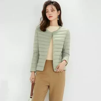 2024 осень-зима женская легкая и тонкая однотонная женская одежда с круглым вырезом и V-образным вырезом, длинными рукавами, пуховик, большой размер 90, флисовая куртка S чёрный