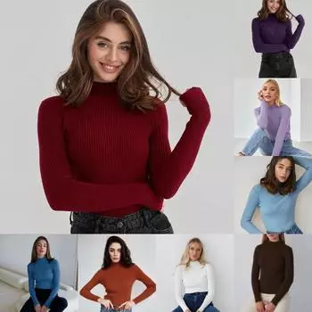 2024 осень-зима женская облегающая трикотажная рубашка однотонный полуводолазка свитер повседневный универсальный трикотажный свитер One size белый