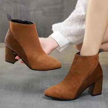 2024 Осень/Зима Женские Ботильоны Остроносые Модные Короткие Ботинки Замшевые Вставки Боковая Молния Толстый Каблук Женская Обувь Большой 44 35 чёрный