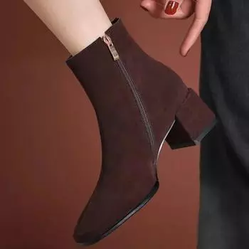 2024 Осень Зима Женские Ботинки Квадратный Носок Толстый Каблук Женские Туфли Для Зимы Платформа Плюс Бархат Острый Носок Квадратный Блочный Каблук 35