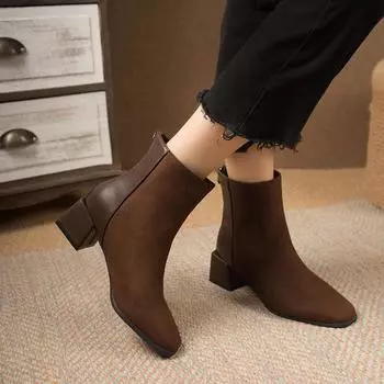 2024 Осень Зима Женские Ботинки Квадратный Носок Толстый Каблук Женские Ботильоны Ботильоны для Женщин Зимняя Платформа Замшевые Туфли Zapatos 35 чёрный