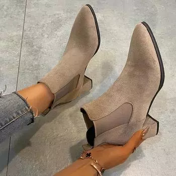 2024 Осень Зима Женские Ботинки Острый Носок Слипоны Женские Ботильоны Модные Простые Низкие Каблуки Короткие Ботинки Челси Botas Mujer 35 чёрный