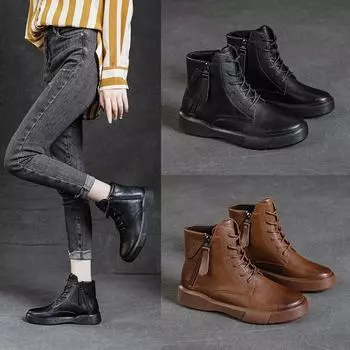 2024 Осень-зима Женские повседневные ботинки на плоской подошве из плюша и хлопка в винтажном стиле в британском стиле с мягкой подошвой, универсальные короткие ботинки 35 чёрный