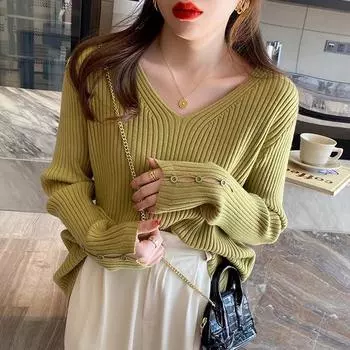 2024 Осень Зима Женские Свитера Повседневный Длинный Рукав Вязаный V-образный Вырез Пуловер Свитер Femme Базовый Однотонный Трикотажные Топы Модная Одежда one size чёрный