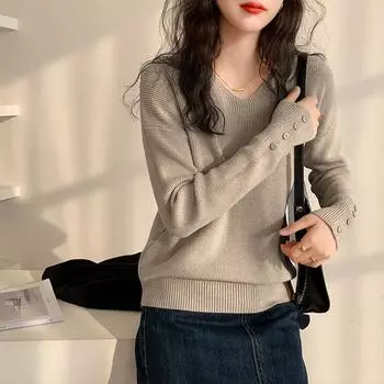 2024 Осень Зима Женские Свитера Повседневный Длинный Рукав Вязаный V-образный Вырез Пуловер Свитер Femme Базовый Однотонный Трикотажные Топы Модная Одежда one size чёрный