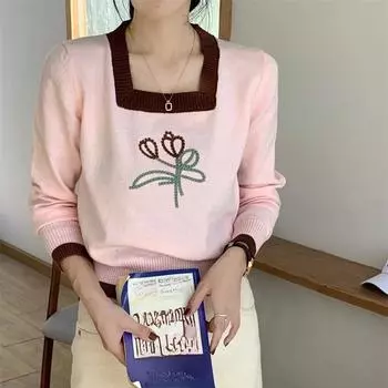 2024 Осень Зима Женские свитера Повседневный Длинный Рукав Квадратный Воротник Вязаный Пуловер Свитер Femme Базовый Цветочная Вышивка Джерси Топы Модная Одежда one size абрикосовый