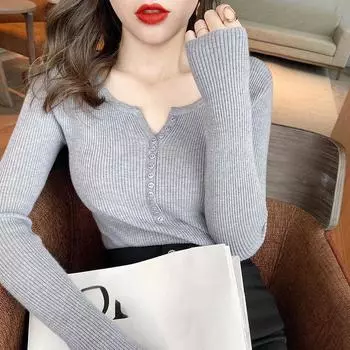 2024 Осень Зима Женский однотонный тонкий трикотажный свитер с V-образным вырезом на пуговицах Femme Y2k с длинным рукавом розового цвета, свитер из джерси, топы, модная одежда one size серый