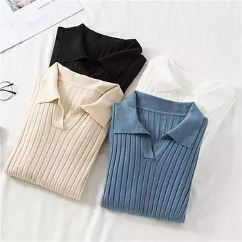 2024 Осень Зима Женский Пуловер Однотонный Универсальный Свитер Поло с Отворотом и Трикотажным Верхом, Эластичный Повседневный Тонкий Универсальный Свитер one size чёрный