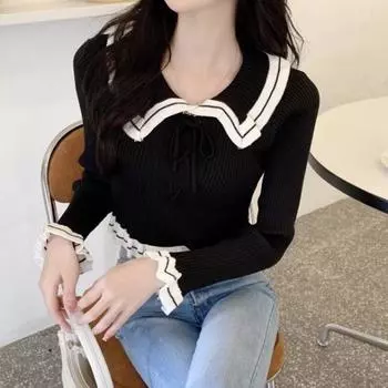 2024 Осень Зима Женский Пуловер Однотонный Универсальный Свитер С Отворотом Кукольный Воротник Трикотажный Укороченный Топ Эластичный Повседневный Тонкий Универсальный Свитер one size чёрный