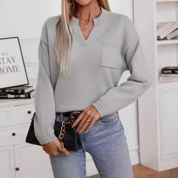 2024 Осень/Зима Женский Вязаный Свитер Европейский И Американский V-образный Вырез Толстовка Карман Однотонный Свитер Для Женщин S серый