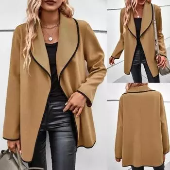 2024 Осень Зима Женское Модное Однотонное Шерстяное Пальто - Повседневный Кардиган с Длинным Рукавом S верблюд