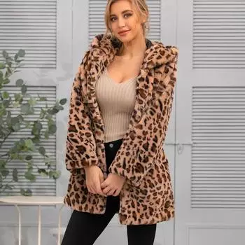 2024 осень зима женское пальто новое с капюшоном леопардовое искусственное меховое пальто женское плюшевое пальто средней длины пушистое пальто больших размеров верхняя одежда S