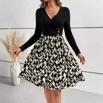 2024 осень зима женское платье элегантное и модное леопардовый принт облегающее платье с длинными рукавами сексуальное V-образным вырезом А-силуэта черное мини-платье S чёрный