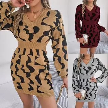 2024 Осень-Зима Женское Платье-свитер с V-образным вырезом и цветными блоками, облегающий трикотаж с длинным рукавом S хаки