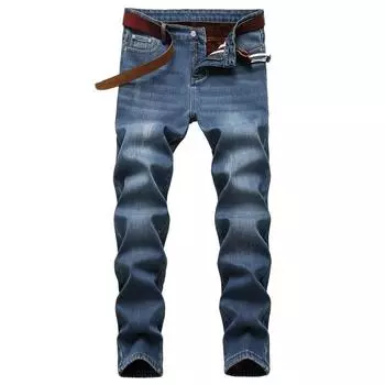 2024 Осенне-зимние флисовые джинсы в европейском и американском стиле с эластичностью, облегающие, универсальные и модные мужские брюки 28 светло-синий