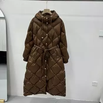 2024 осенне-зимние модели с боковым разрезом и маленькой золотой пряжкой, новая мода, с капюшоном и ромбовидным ремнем длиной до колена S чёрный