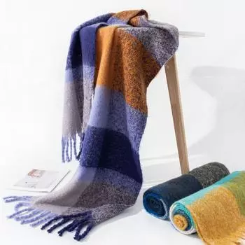 2024 Осенне-зимний мохеровый клетчатый шарф с высококачественным корейским стилем, пушистый большой меховой шарф, шаль для женщин и пар 45*200+10*2cm