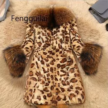 2024 осенне-зимняя меховая куртка женская средняя и длинная с леопардовым принтом, воротник из искусственного меха енота, термопальто из искусственного меха S